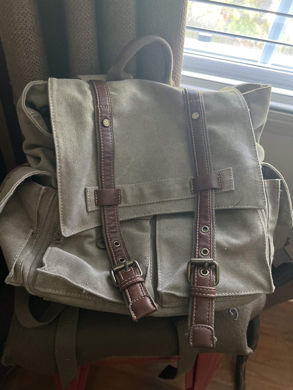 Canvas Flap Backpack with Brown Leather Straps - Olive